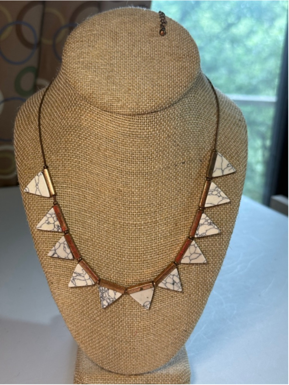 Universal Thread Necklace with crackle-textured triangle panels bronze-tone